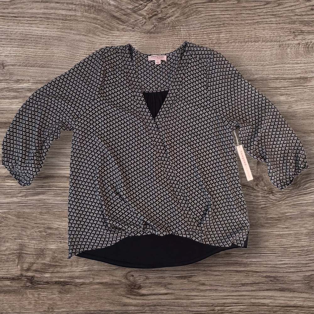 Tempted Los Angeles Women’s Black Geometric Surplice 3/4 Sleeve Blouse NWT- Lg.